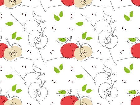 Seamless pattern with Continuous one line drawing apples. Whole fruit and cut in half. Organic simple icon with green, red colors. Repeated vector For wallpaper, wrapping paper, textile, scrapbooking.のイラスト素材