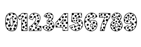 Cute numbers. Hand drown vector figures with polka dot. Design for kid, child party decor, sticker, greeting card, shirt print. Happy birthday anniversary celebration Template. All numbers.のイラスト素材