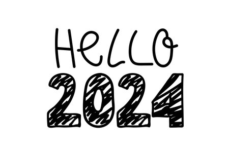 Hello 2024. Number 2024. Happy 2024 new year. Hand drawn doodle lettering vector illustration. Design for seasonal holidays flyers, greeting card for Merry Christmas and happy new year printのイラスト素材