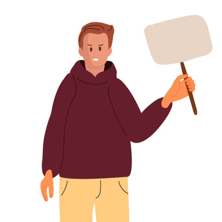 Angry man holding empty banner. Copy space. Activism concept. Message board. Flat vector illustration. Male activist character. Wrestling concept. Activist protesting, meeting, strike human rights.のイラスト素材