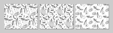 Abstract Seamless fruits patterns. Three pattern set. Decorative cherry with leaf hand drawn doodle sketch. Linear abstract vector Repeated template for background, textile, wrapping paper, wallpaperのイラスト素材