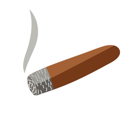 Cuban Cigar burning with ash and smoke isolated on white. Flat vector illustration. Addiction, harm to health, smoking kills concept. Cigar Icon. Design element, emblem, sign, posterのイラスト素材
