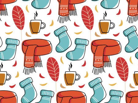 Autumnal element seamless pattern. Falling leaves, warm knitted socks, scarves, hot drinks Vector illustration in doodle style. Seasonal Repeated background for textile, wrapping paper, wallpaper.のイラスト素材