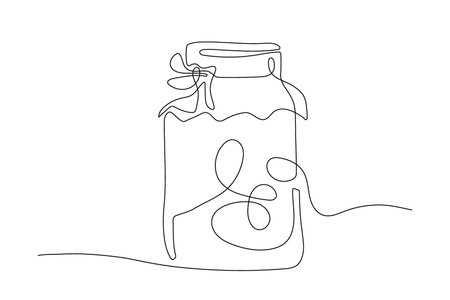 Continuous one line drawing compote jar in Minimal style. Glass jar with juice, compote, jam in silhouette line. Sweet organic icon, contemporary outline design natural food. Healthy vegan supplementのイラスト素材