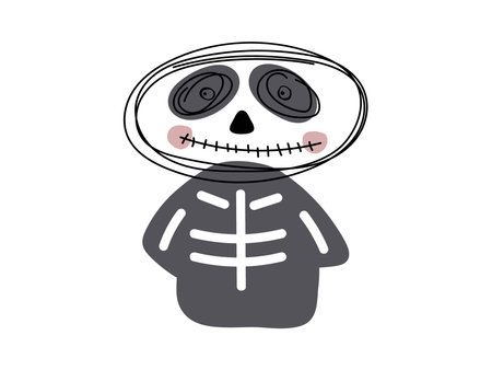 Halloween smiling skeleton character. Happy Halloween character portrait in doodle outline style. Funny Happy Halloween Black and white vector Illustration. Cute sketch linear scary spooky character.のイラスト素材