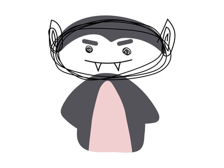 Halloween smiling vampire character. Happy Halloween character portrait in doodle outline style. Funny Happy Halloween vector Illustration. Cute sketch linear scary spooky character. Lovely dracula.のイラスト素材