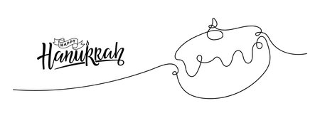 Happy Hanukkah celebration banner. Continuous one line drawing Hanukkah bakery doughnut with handwritten calligraphy lettering. Pastry donut with jam, sweet food for bakery, cafe menu by one line.のイラスト素材