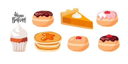 Baking set. Home baking lettering and pastries, donuts, pancakes, cupcake, pie piece. Tasty breakfast. Various tasty bakery products isolated on white background for tea party, menu, shop, advertizingのイラスト素材