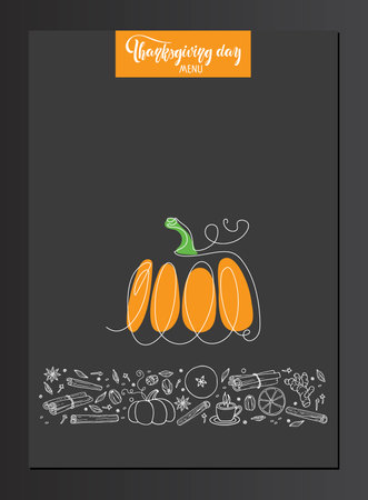 Thanksgiving menu template with Pumpkin, food sketch, Calligraphy lettering for Invitation, cover, brochure design. Special Thanksgiving restaurant cafe menu design. Flat vector illustration on black.のイラスト素材