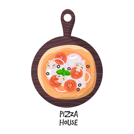 Pizza house sign. Serving pizza on round board. Pizza cartoon flat vector illustration. Traditional italian dish. Pastry food with tomato, onion, mushroom, mozzarella, basil for menu.のイラスト素材
