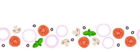 Seamless food banner. Ingredients for vegetable salad. Vegetables for healthy food. Vegetarianism, vitamins, healthy nutrition, diet. Vegetables, herbs. Vector set. For menu, cafe, restaurantのイラスト素材