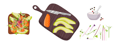 Cooking of Healthy toast and ingredients. Recipe for useful snack with avocado, salmon, micro green, ground pepper. For menu, cafe, restaurant, poster, banner, emblem, sticker. Healthy eating concept.のイラスト素材