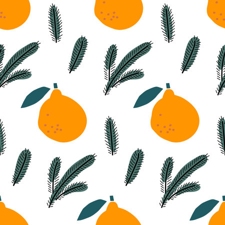 Christmas Seamless Pattern with Christmas tree branch and orange or tangerine fruit. Repeated Hand drawn design for wallpaper, wrapping, scrapbooking, print, textile. Winter holiday design backgroundのイラスト素材