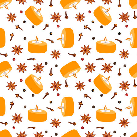 Seamless pattern with Scented candle. Burning candle with spices anise, pepper, cloves background. Burning candle. Aromatherapy, relaxation design, Repeated background for textile, paper, wallpaper.のイラスト素材
