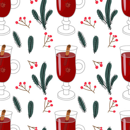 Winter seamless pattern. Winter hot wine drink with spices isolated on white background. Mulled wine decorative, fir-tree branch. Autumn and winter holidays Hot drink Repeated background for wallpaperのイラスト素材