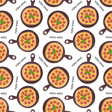 Seamless pattern with Pizza on board. Pepperoni pizza with cheese, sausage and basil. Traditional italian fast food. Repeated background for wallpaper, textile, wrapping, print. Flat design style.のイラスト素材
