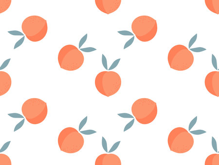Seamless peach fruit pattern. Pink fruit with peach tree leaves. Organic tropical food template for wallpaper, wrapping paper, textile, scrapbooking. Pink healthy sweet fruit on white backgroundのイラスト素材