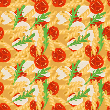 Seamless Pasta pattern. Tomato, Mozzarella, Green arugula Recipe. Fusilli pasta, Spiral pasta in flat style background for wallpaper, wrapping, packing, textile, scrapbooking, menuのイラスト素材
