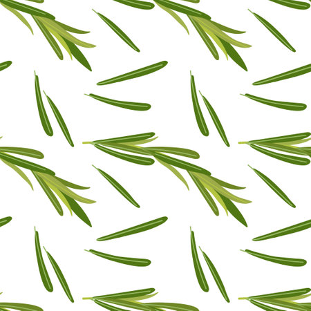 Seamless pattern with Fresh Rosemary Sprigs isolate. Herb plants for cooking and flavor. Healthy diet, vegetarian food. Flat vector organic vegetable. Wallpaper, textile fabric, wrapping paper, menu.のイラスト素材