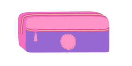 Pink Purple pencil case isolated on white background. Office or education tools, creativity equipment. Children stationery for writing and drawing. Students, classroom, back to school illustrationのイラスト素材