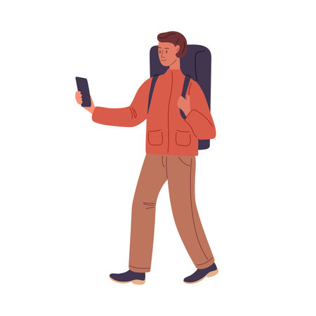Young man is walking, guided by phone. Outdoor Vector cartoon illustration isolated on white background. Traveling man active with large backpack, Man traveling with smartphone. Tourism concept.のイラスト素材