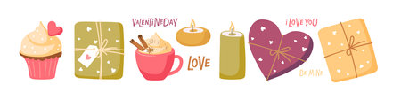 St. Valentines Day decorative elements and handwritten inscriptions. Candles, gifts, delicious drink and cupcake. Vector Romantic illustration on white background. Love day decor.のイラスト素材