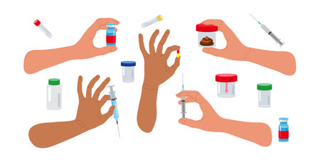 Medical equipment. Hands showing different gestures. Medical injections, medications, medical tests. Various gestures. Healthcare, medical Vector illustration in flat style isolated on white.のイラスト素材