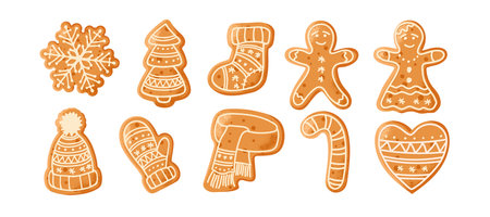 Gingerbread Cookie Set. Collection of Festive Gingerbread Treats Featuring Various Shapes, Icing Designs, Holiday Themes for Celebrating Christmas, Baking, Sweet Seasonal Decor. Winter Holiday symbolのイラスト素材