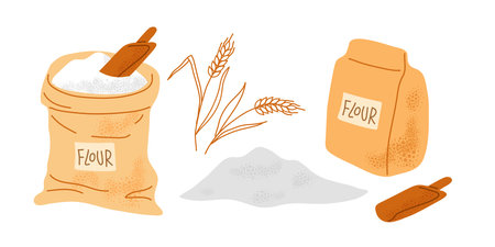 Flour. Closed paper Bag and open canvas bag filled with flour, Mound of flour and scoop. Packaging with product name. Flat Vector isolated on white. Product Displays, Marketing, Design Projectsのイラスト素材