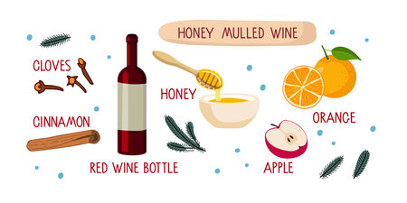 Honey Mulled Wine. Winter hot wine drink with Honey, spices and fruits, fir-tree branch illustration isolated on white background. Mulled wine recipe. Preparation of Healing drink concept.のイラスト素材