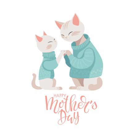 Happy Mothers Day card. Two Smiling Cats. Mother cat holding paws with her kitten. Clligraphy lettering and flat illustration for Mothers Day poster, print, card. Cute cartoon characters.のイラスト素材