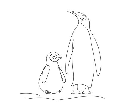 Adult penguin with Baby Penguin line drawing. Spheniscidae, flightless seabird. Antarctica and penguins. One continuous line drawing, Hand Drawn Vector sketch icon. Black and White Design element.のイラスト素材