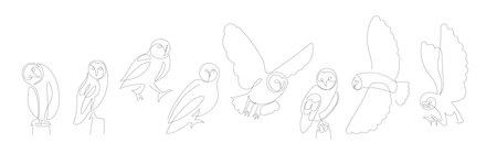 Owl line drawing set. One continuous line drawing birds in different poses and angles, Hand Drawn Vector sketch icons. Set of ink drawing birds. Wisdom symbol. Black and White Design elements.のイラスト素材