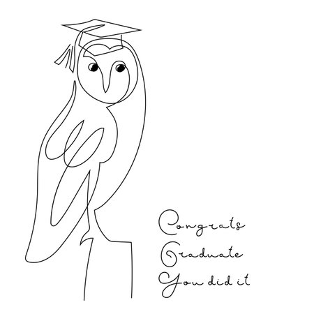 Congratulation for school Graduates. Senior with owl with graduate cap Black and White design. For graduation themed design, card, craft, for t shirt, congratulation event. Vector illustrationのイラスト素材