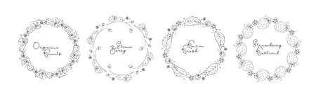 Round Strawberry Festival frames in Doodle sketch with inscriptions. Strawberries wreaths with berries and flowers. Vector sweet berries organic food for dessert menu, invitation, greetings. Bordersのイラスト素材