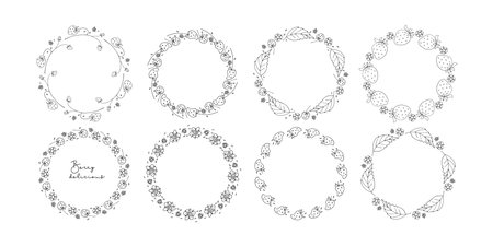 Round Strawberry Festival frames in Doodle sketch. Strawberries wreaths with berries and flowers and leaves. Vector sweet berries organic food for dessert menu, invitation, greetings. Fruit Bordersのイラスト素材