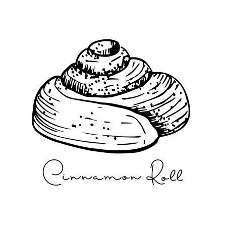 Cinnamon Roll sketch with inscription, Pastry sweet bakery. Vector Cute kanelbullar bun icon, yeast french dough, sweet nutrition snack. Black White illustration, hand drawn element for cafe, menu.のイラスト素材