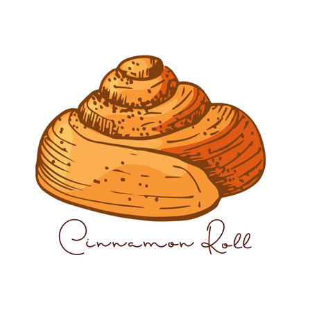 Cinnamon Roll color sketch with inscription, Pastry sweet bakery. Vector Cute kanelbullar bun, yeast french dough, sweet nutrition snack. Color illustration, hand drawn element for cafe, menu.のイラスト素材