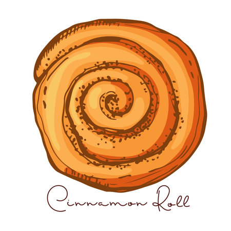 Cinnamon Roll sketch with inscription top view, Pastry sweet bakery. Vector bakery foods, yeast french dough, sweet nutrition crusty snack.Text with hand drawn color element for cafe, menu, recipe.のイラスト素材