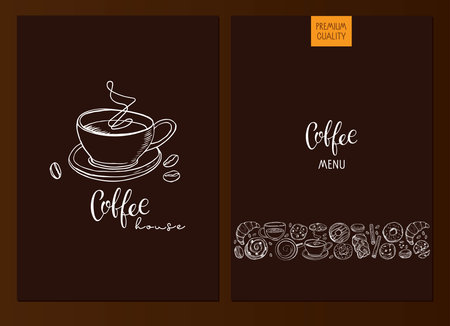 Coffee menu. Hand sketched two typographic card with Coffee cup, bakery products. Hot drink backgrounds. Coffee Haus, cafe, restaurant beverage card, menu. Vector illustration for poster, advertisingのイラスト素材