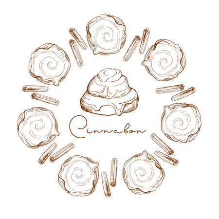 Round frame with creamy cinnamon roll and cinnamon sticks with inscription. Pastry sweet bakery. Vector foods, sweet nutrition snack. Hand drawn sketch Background for packing, cafe, menu, invitation.のイラスト素材