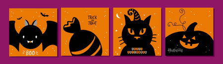 Halloween card set. Four cards with silhouette black cat, pumpkin lantern, bat animal, candy on orange background. Card set for happy Halloween party. Funny Happy Halloween vector Illustrationのイラスト素材
