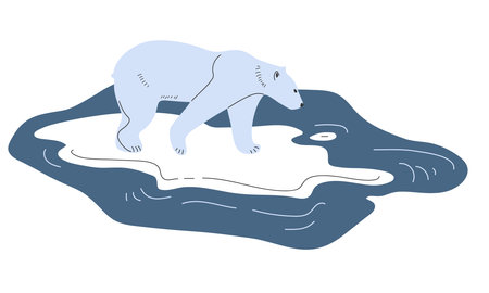 Polar Bear standing on ice floe in middle of Arctic Ocean. climate change and wildlife conservation. Flat vector illustrations of North animal. Wild animal of Arctic Circle. Arctic white north animalのイラスト素材