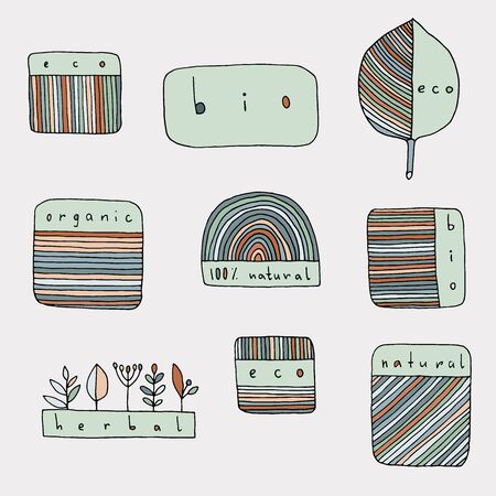 Badges for packaging eco-friendly products made from natural ingredients, eco tags, doodle style, eps8のイラスト素材