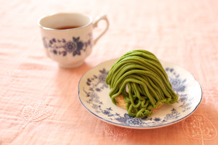 Matcha green tea Mont Blanc cake at tea time.