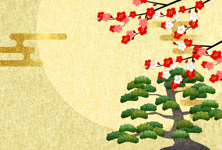 Ume  Pine  Moon  Japanese Pattern  Backgroundのイラスト素材