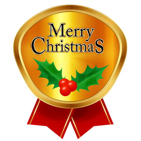 Christmas holly medal gold ribbonのイラスト素材