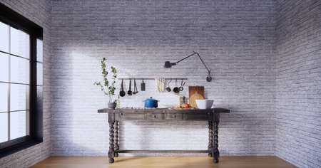 Grey brick wall Idea of the minimal kitchen or pantry in living room with stay home cooking in...