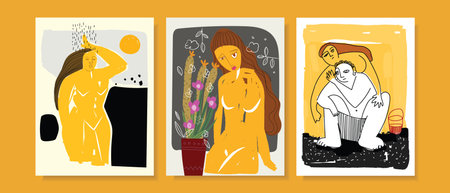 Set of abstract face portrait geometric decorative geometric and doodle line art hand drawn vector illustration art print, cover, poster and cards design.のイラスト素材