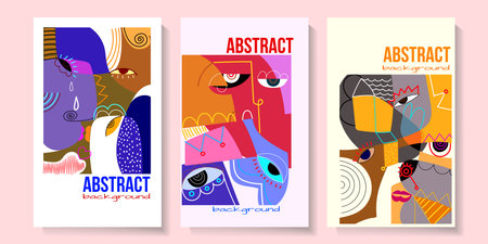 Set of abstract face portrait geometric decorative geometric and doodle line art hand drawn vector illustration art print, cover, poster and cards design.のイラスト素材